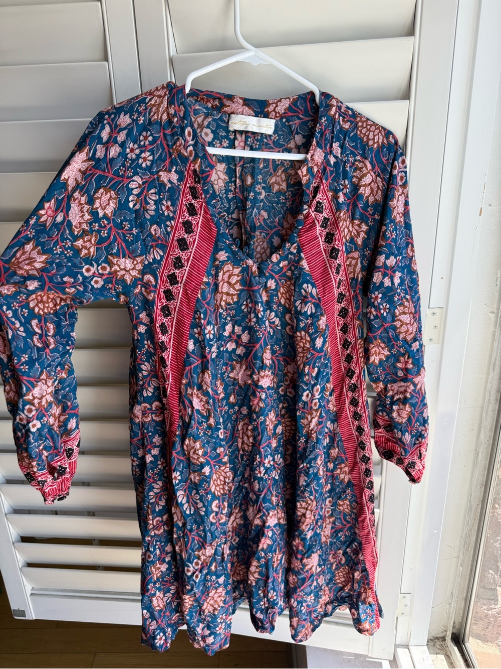 Natalie martini Blue Floral Boho Tunic with Pink Embroidered Trim